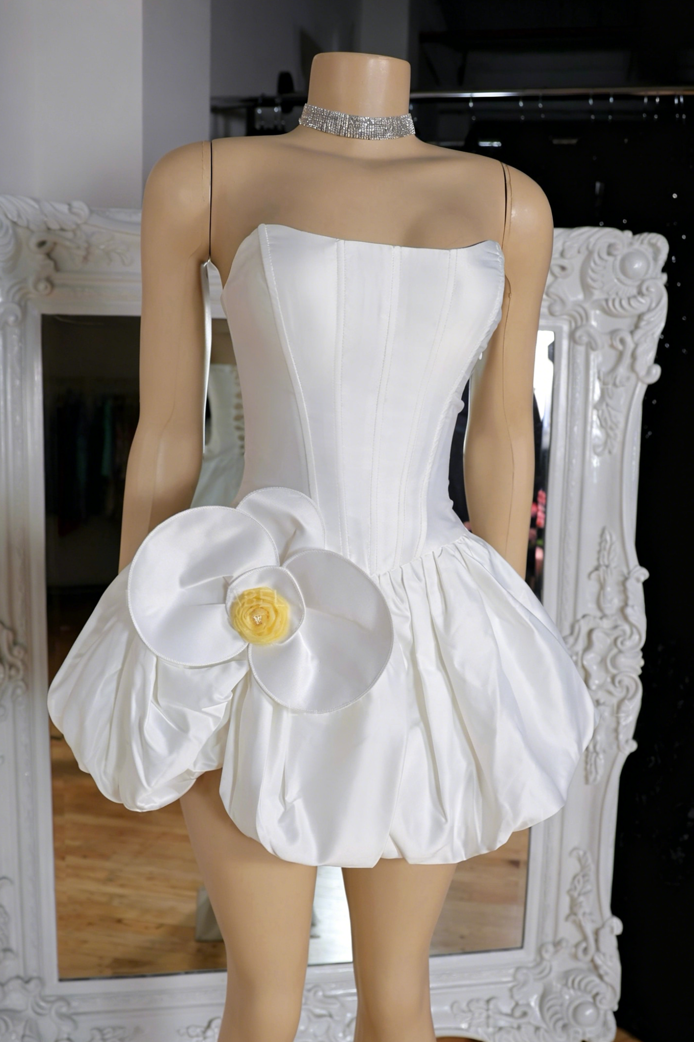 Strapless Corset Bubble Mini Dress with 3D Flower