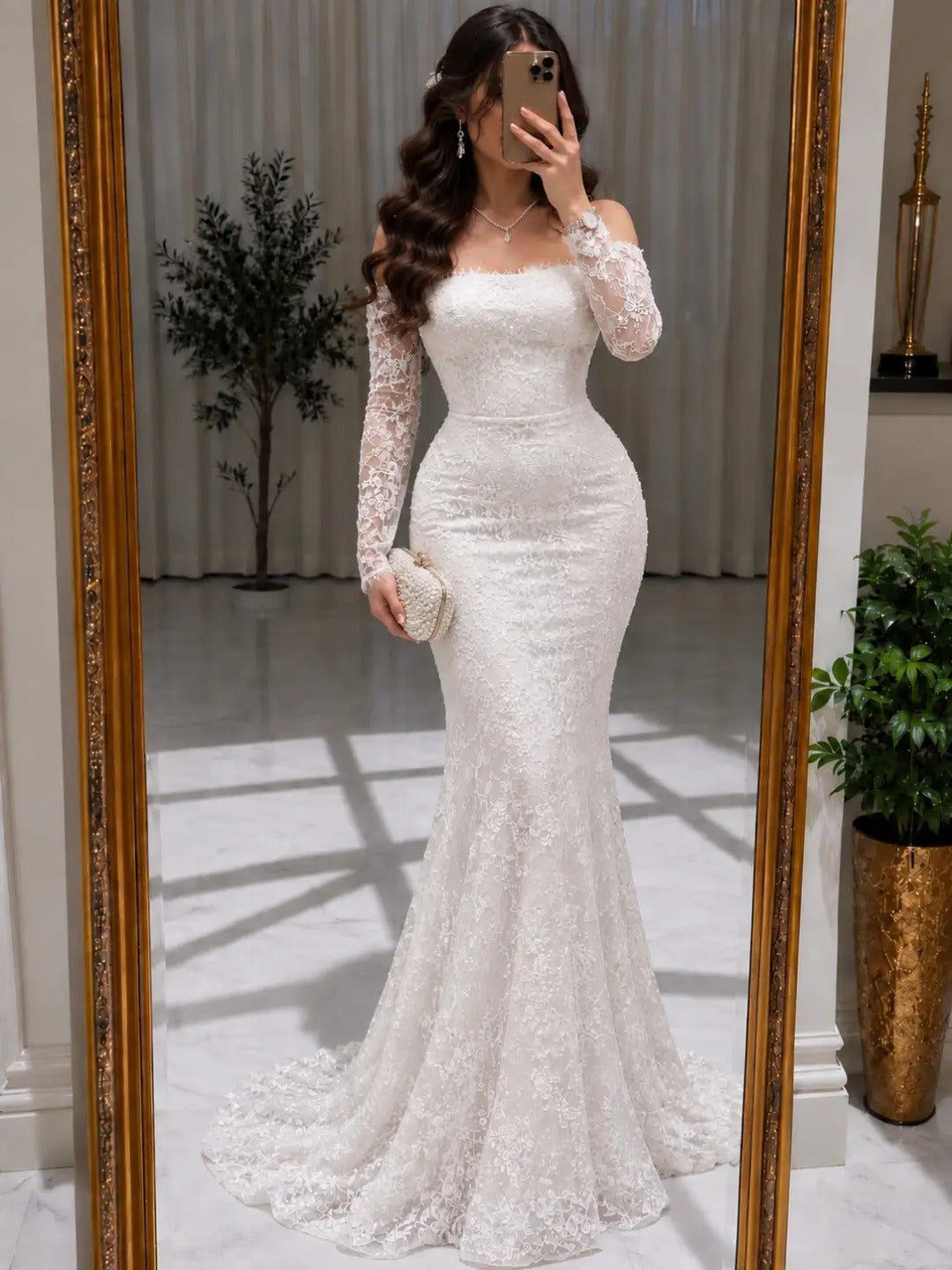 Lace Off-the-Shoulder Long Sleeve Mermaid Gown