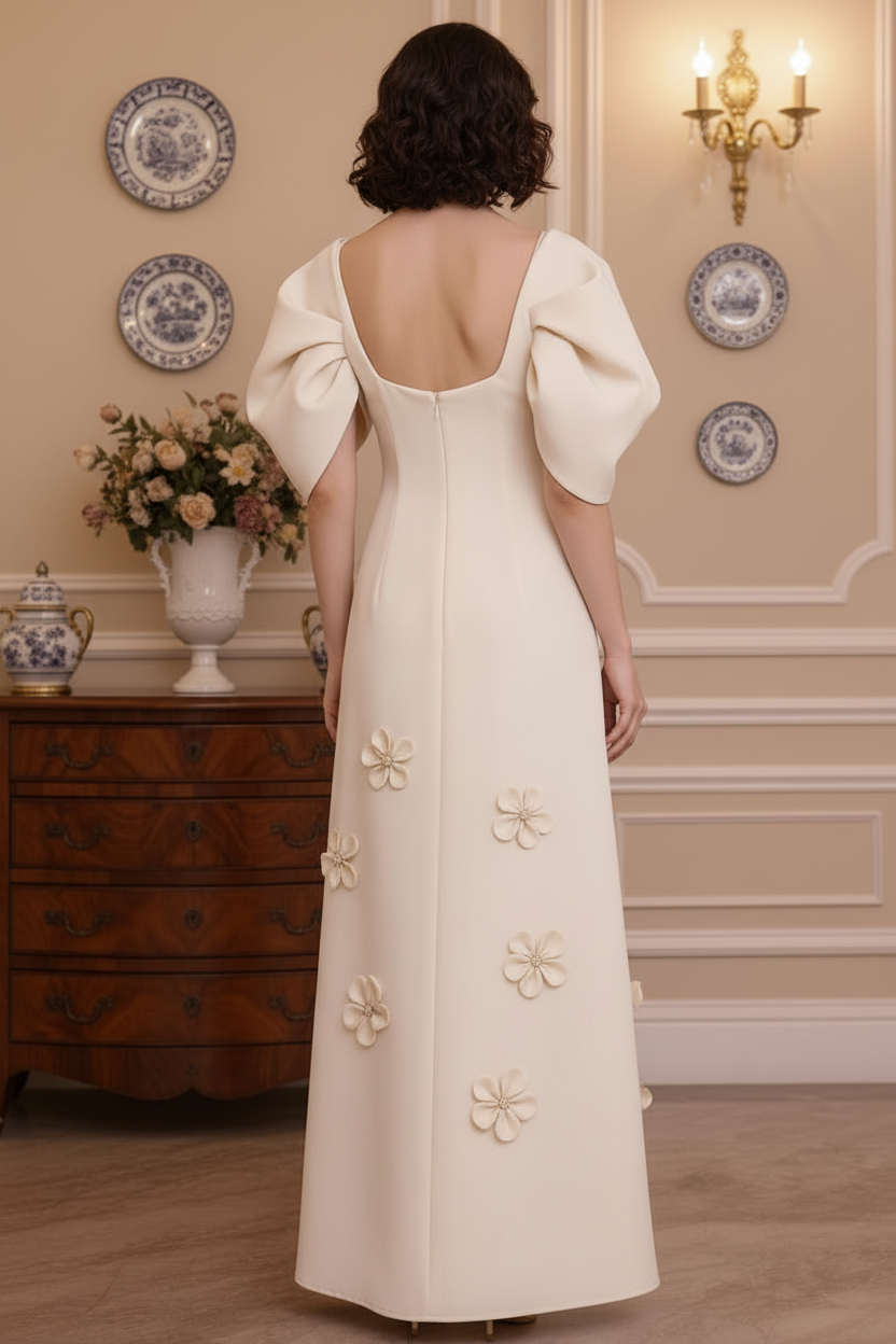 Elegant Champagne A-Line Mother of the Bride Dress with Puff Sleeves & 3D Floral Appliques