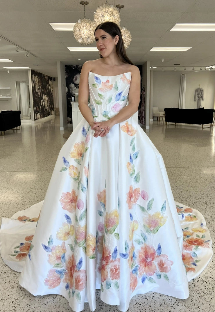 Floral Print Strapless Corset Ball Gown Wedding Dress