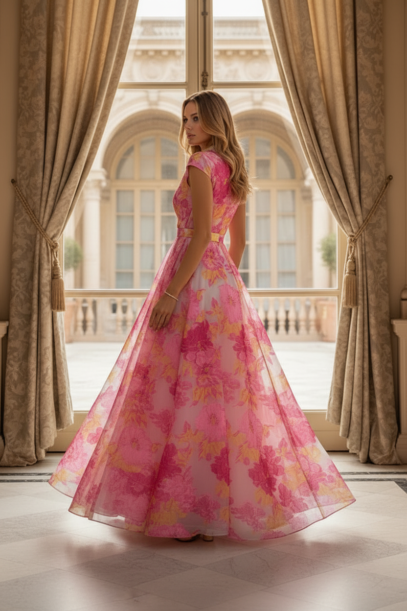 Floral Print A-Line Maxi Dress with Wrap V-Neck Bodice