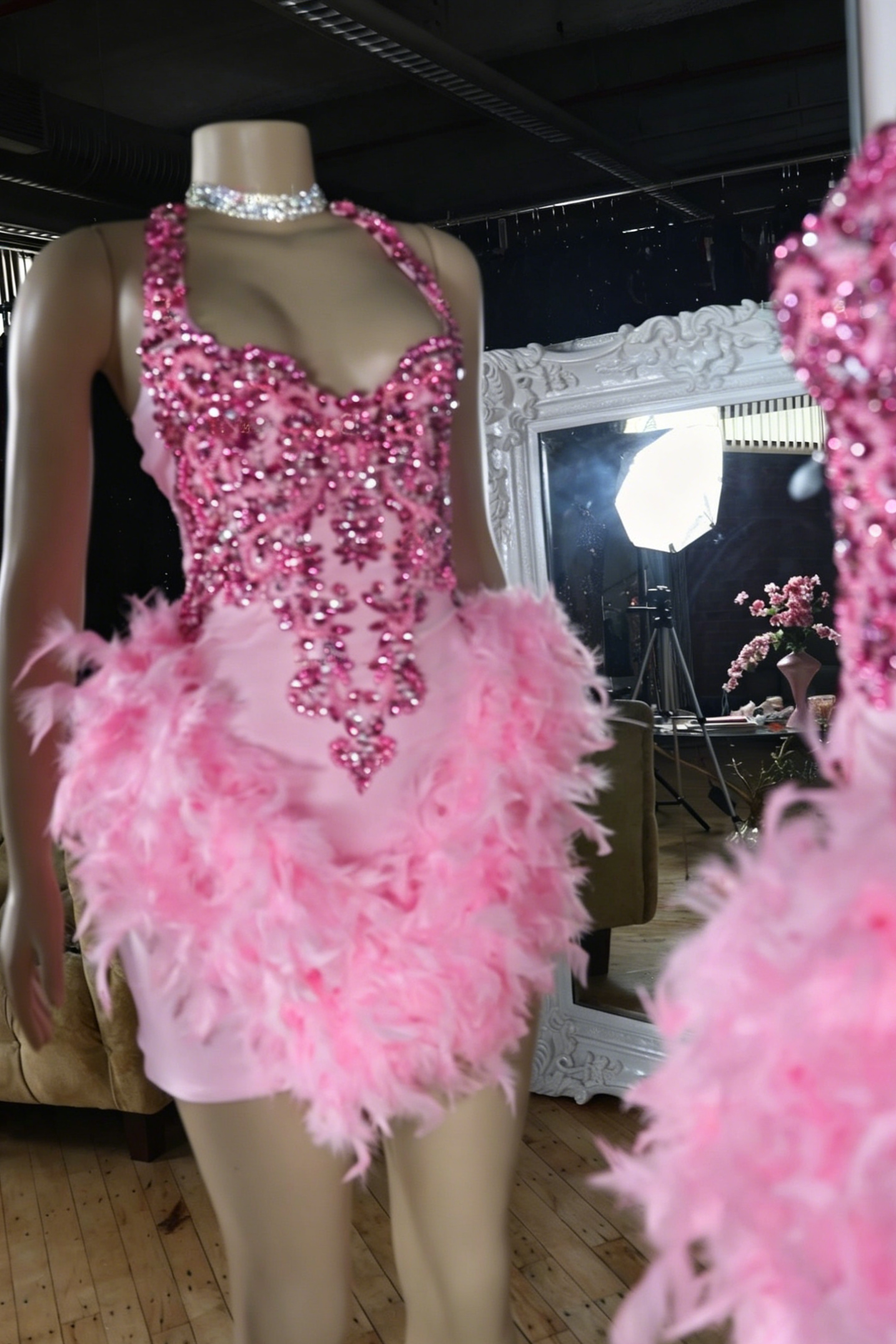 Crystal Beaded Halter Feather Mini Dress