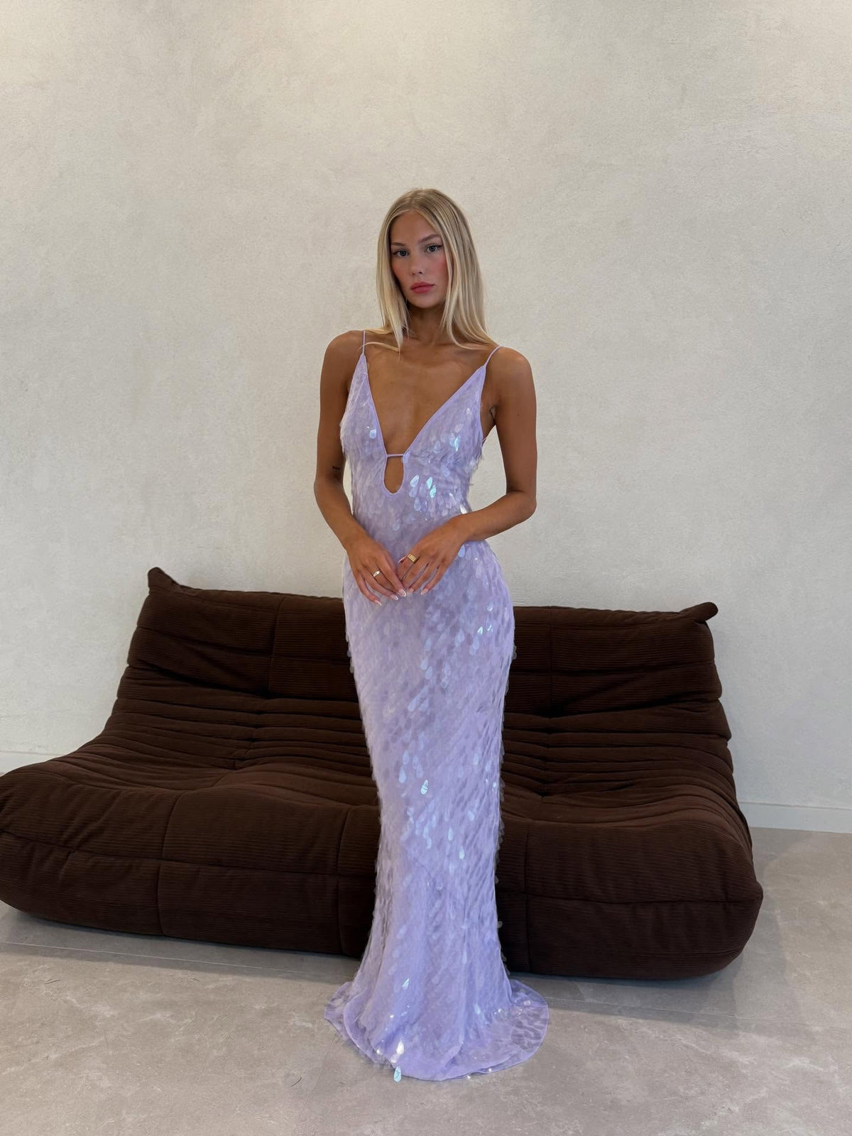 Deep V-Neck Sequin Maxi Dress with Keyhole