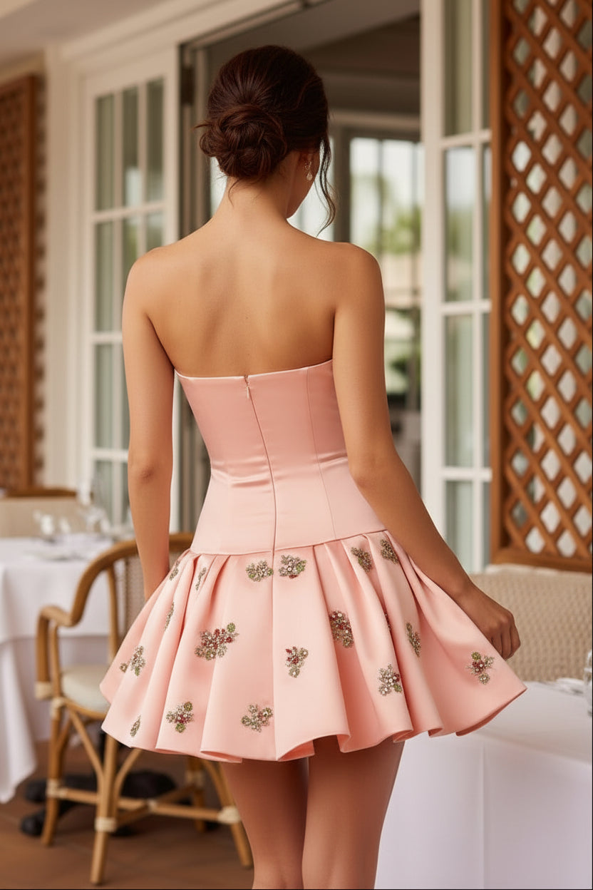 Strapless Satin Pleated Mini Dress with Beaded Flowers