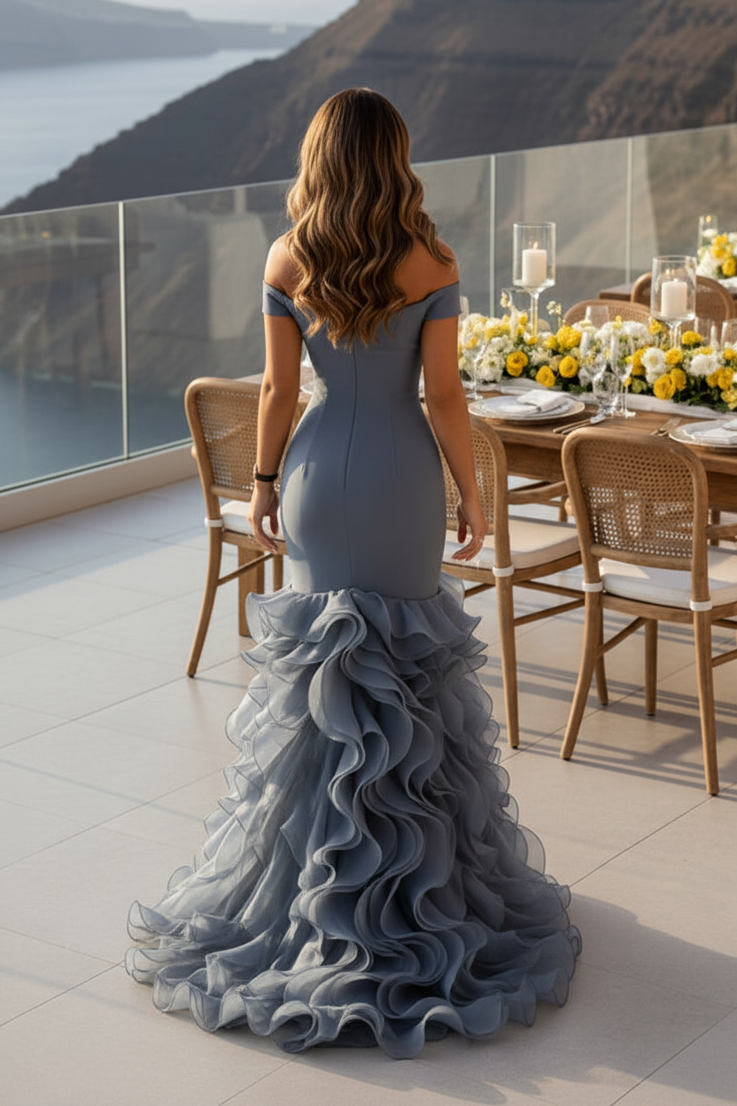 Off-the-Shoulder Cascading Ruffle Mermaid Gown