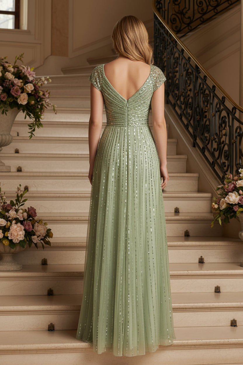 Sequined Cap Sleeve V-Neck A-Line Evening Gown