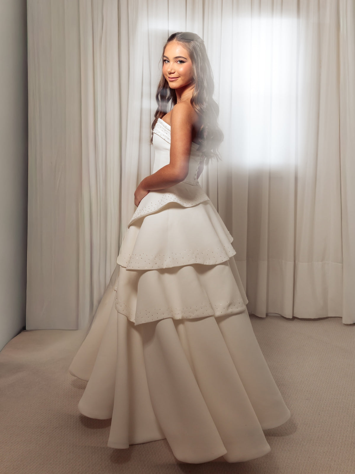 Strapless Tiered Ball Gown with Beaded Details
