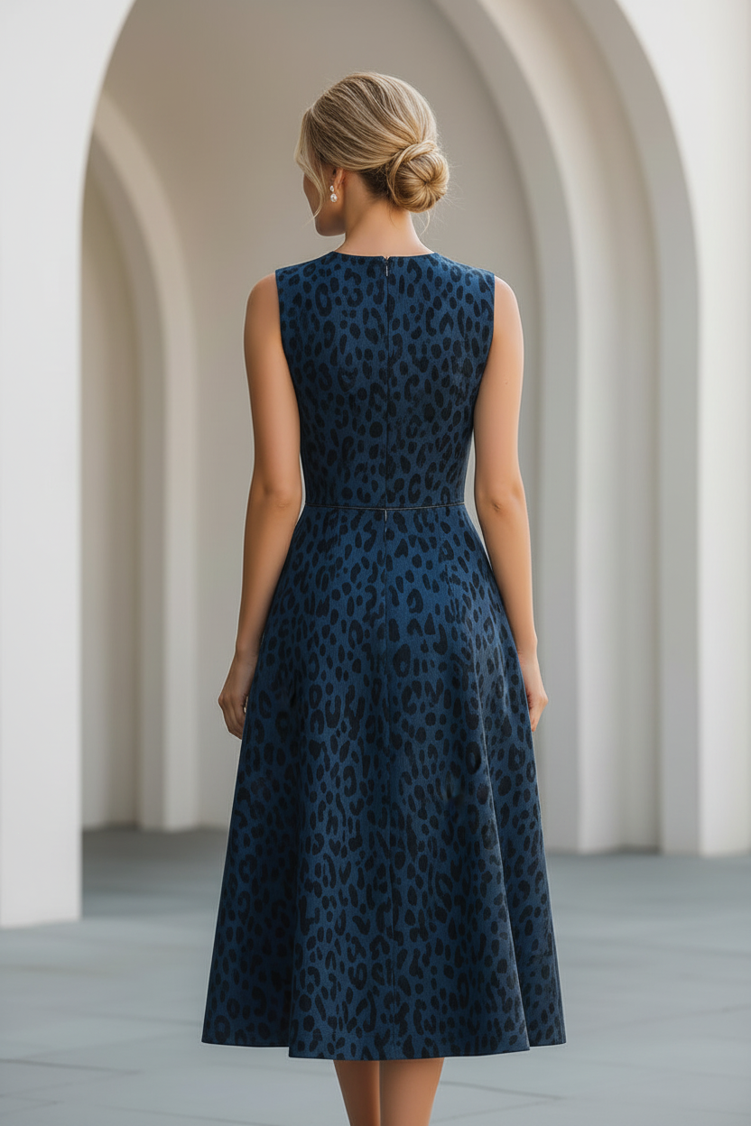 Leopard Print Sleeveless V-Neck A-Line Midi Dress