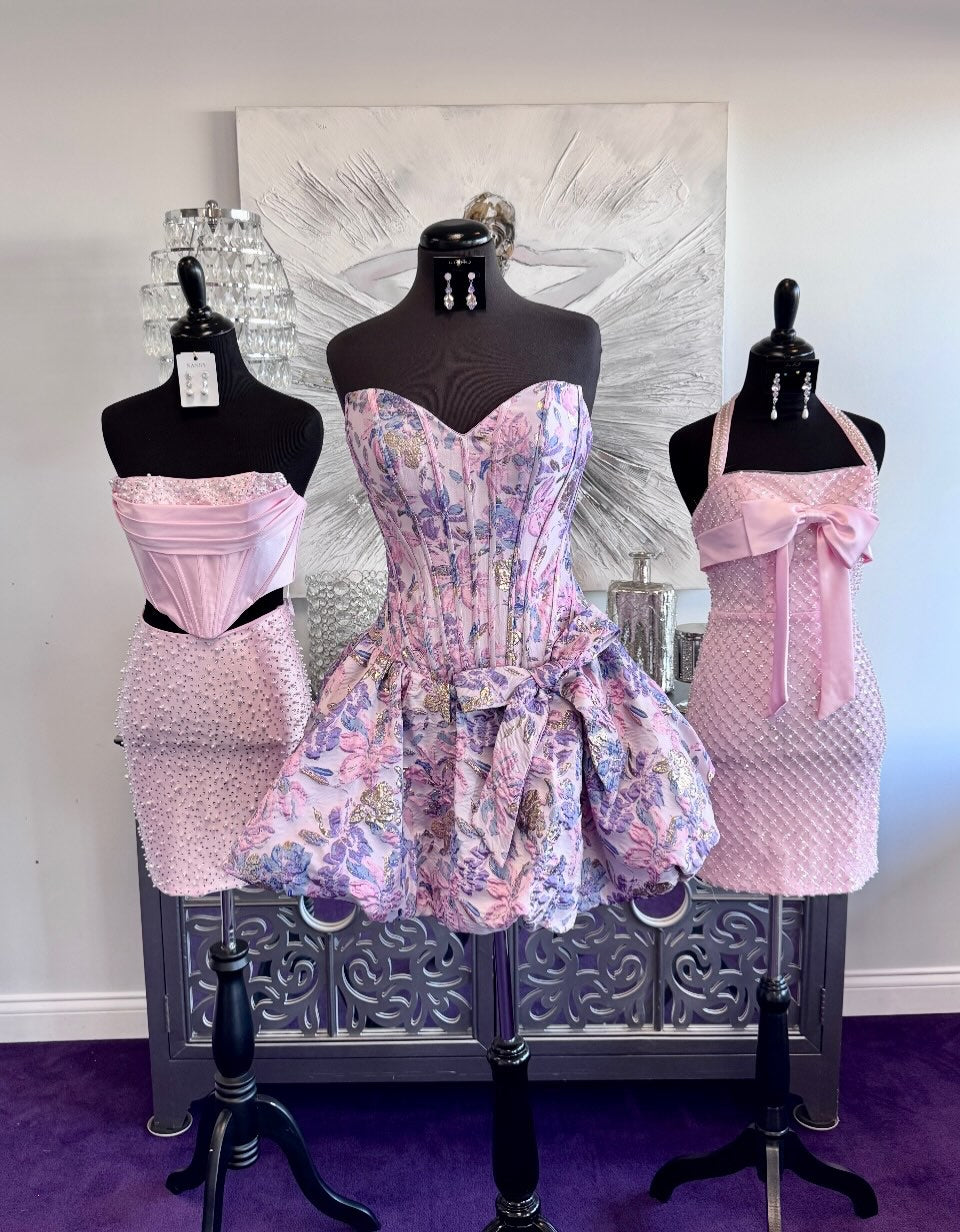Strapless Floral Jacquard Bubble Skirt Corset Dress
