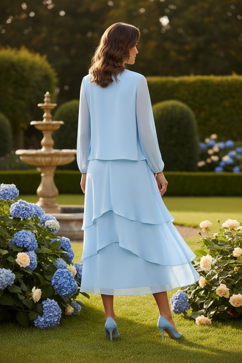 Elegant Tiered Chiffon A-Line Dress and Jacket Set