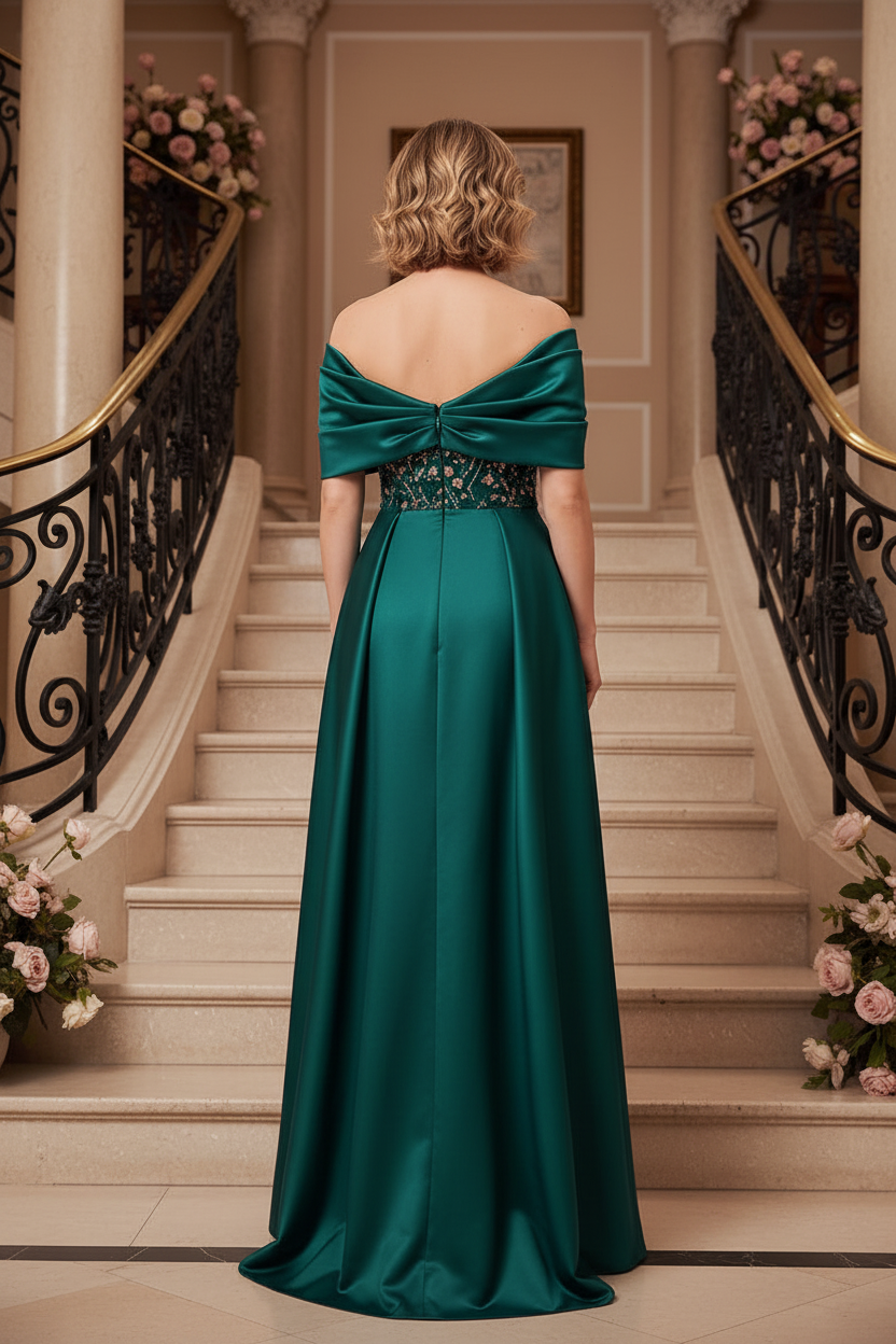 Off-the-Shoulder Sequin Evening Gown with Overskirt