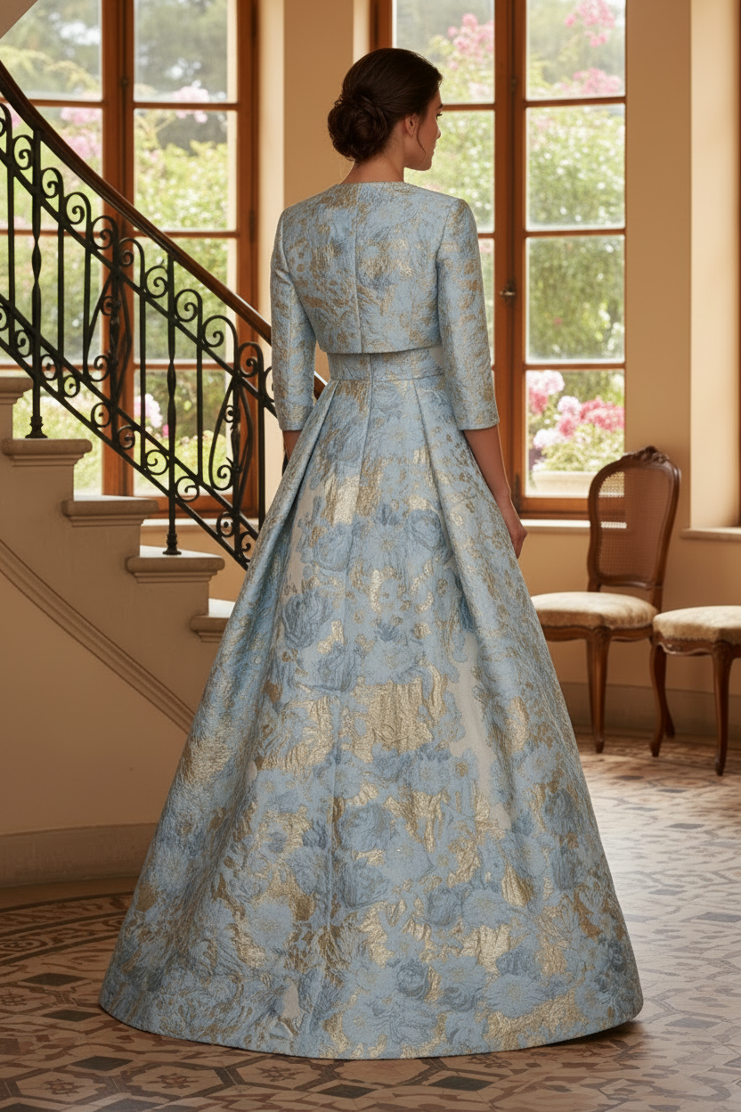 Floral Jacquard A-Line Gown with Matching Cropped Jacket