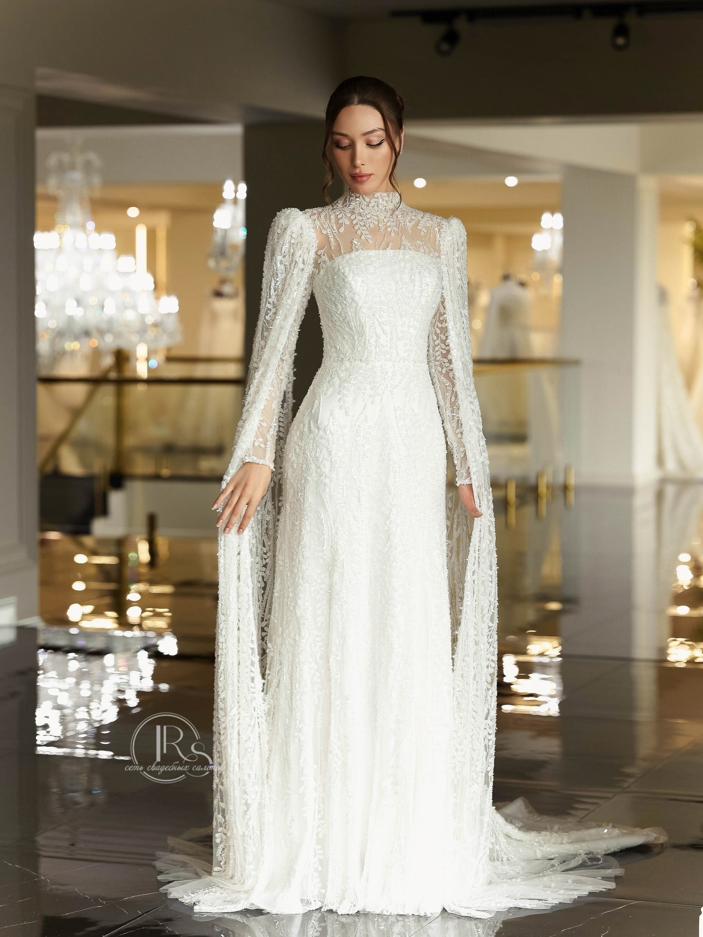High Neck Lace Wedding Dress with Cape Sleeves