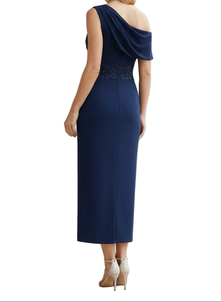 One-Shoulder Sheath Dress with Lace Waist & High Slit