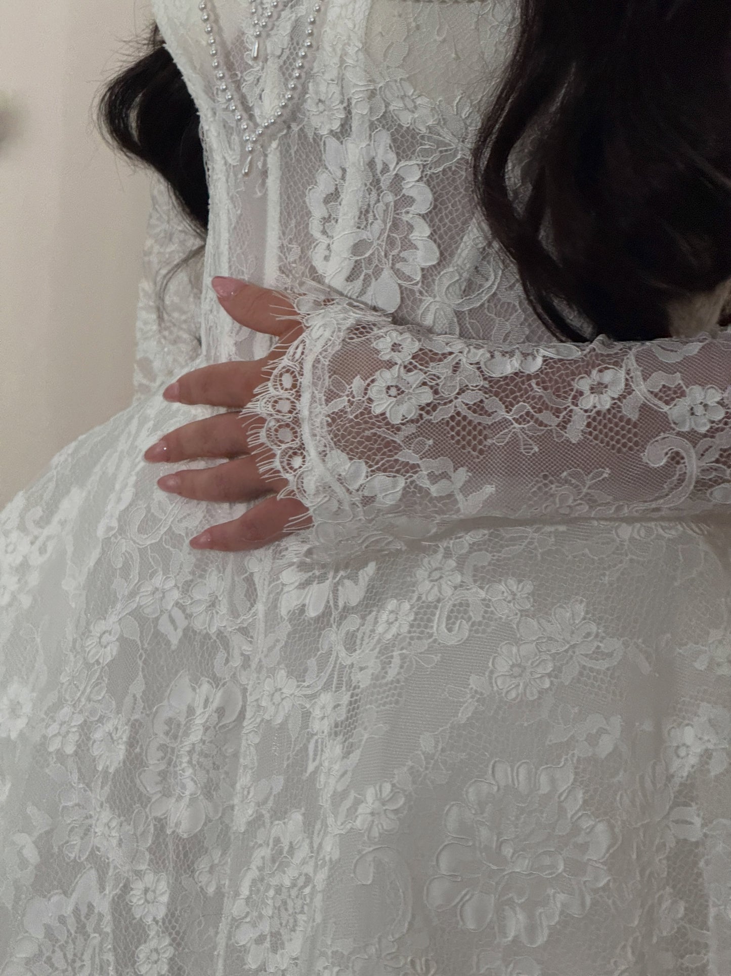 Off-Shoulder Lace Long Sleeve Wedding Dress with Train