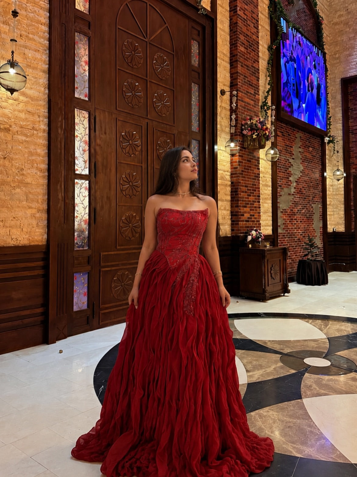 Strapless Ruffled Corset Gown with High Slit