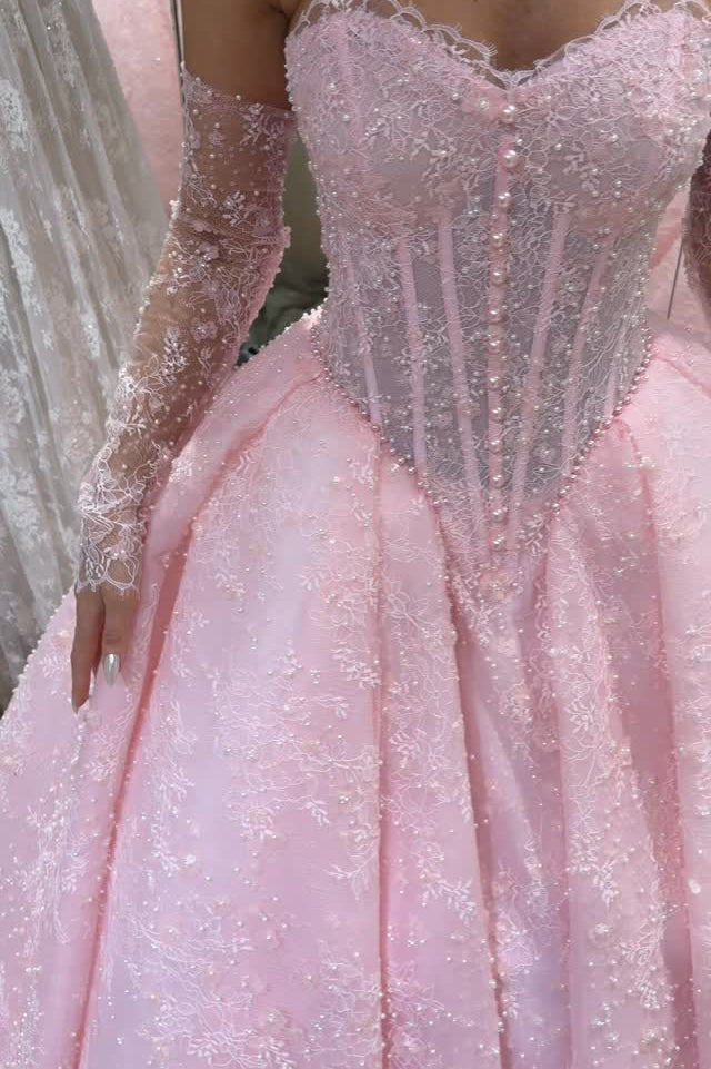 Corset Lace Ball Gown with Pearl Buttons