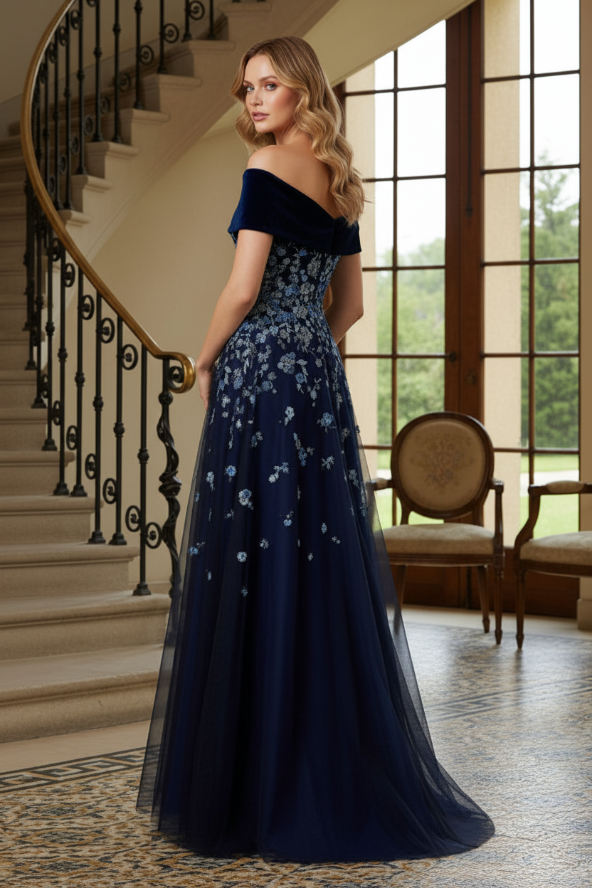 Off-the-Shoulder Floral Embroidered Tulle Evening Gown