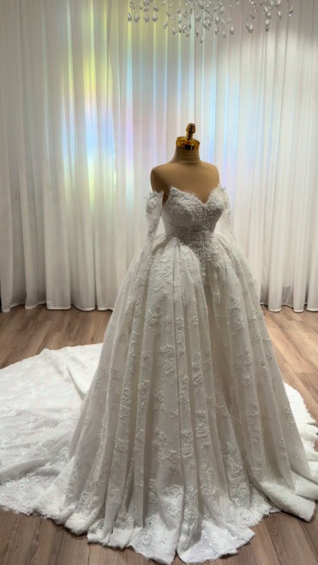 Off-the-Shoulder Beaded Lace Ball Gown Wedding Dress