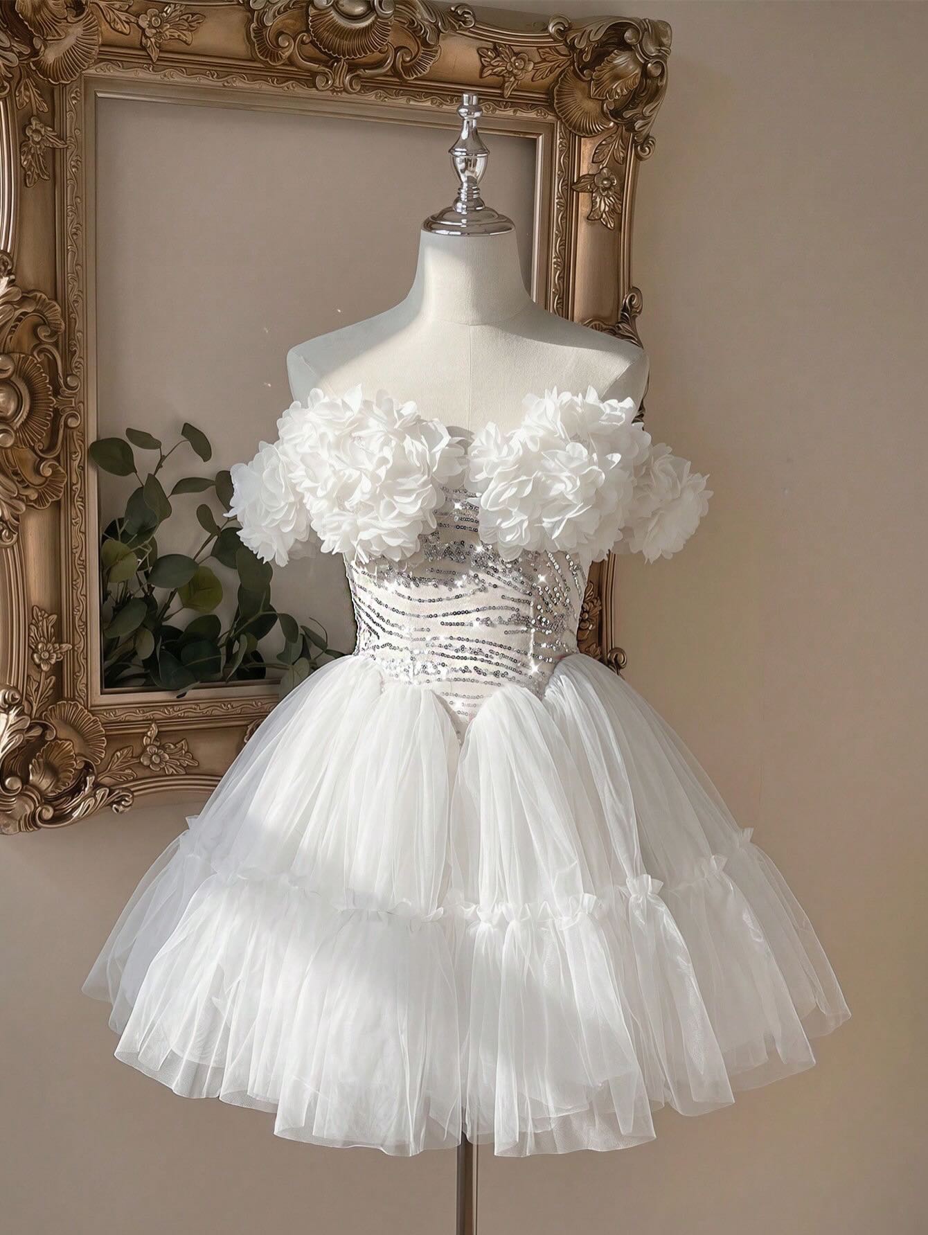 Off-the-Shoulder 3D Flower Tulle Corset Mini Dress