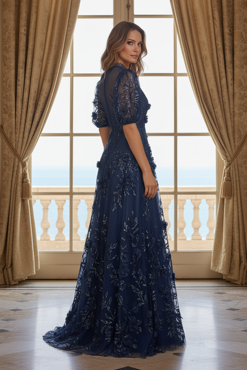 3D Floral Applique A-Line Gown With Sheer Puff Sleeves