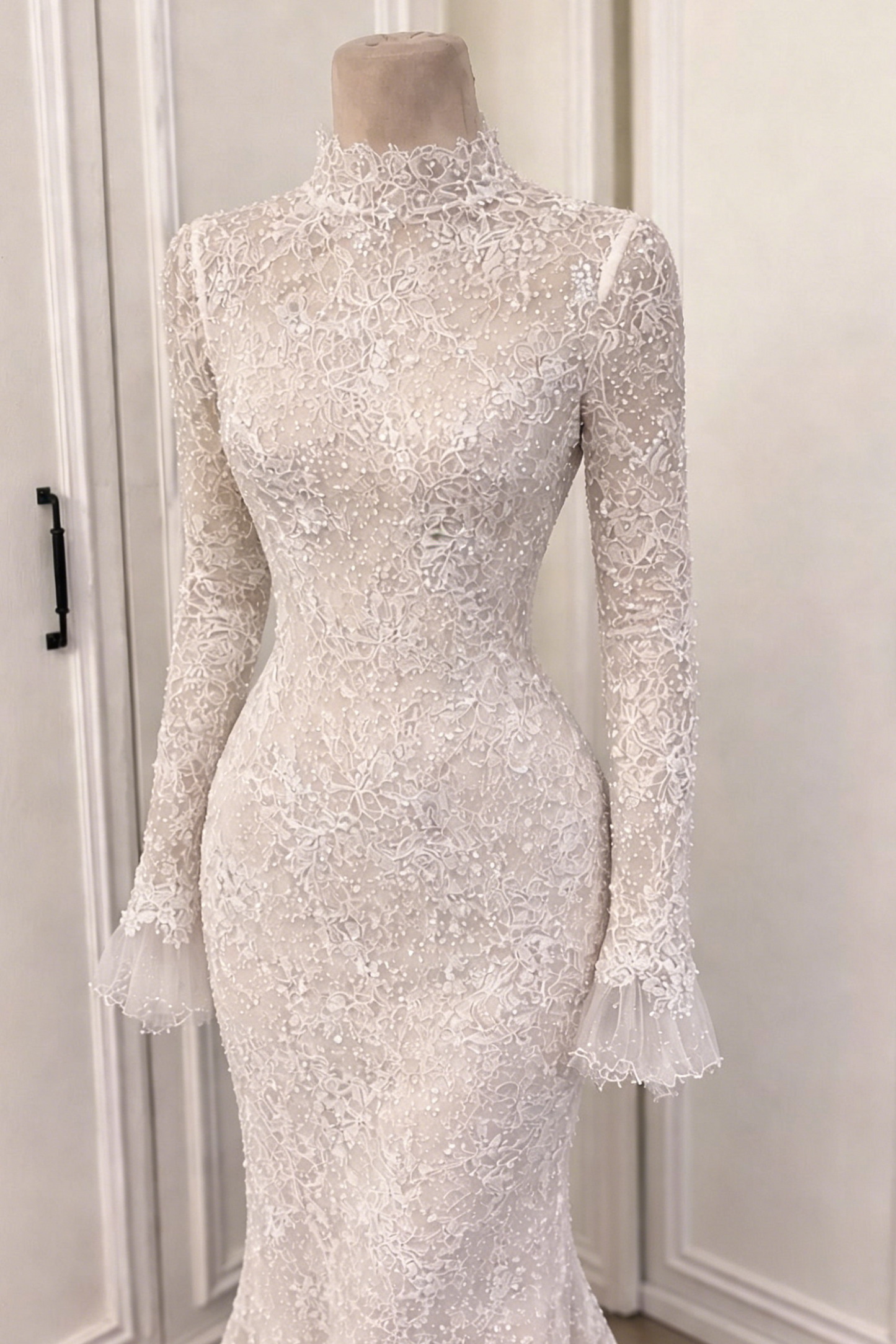 High Neck Lace Mermaid Wedding Dress with Long Sleeves