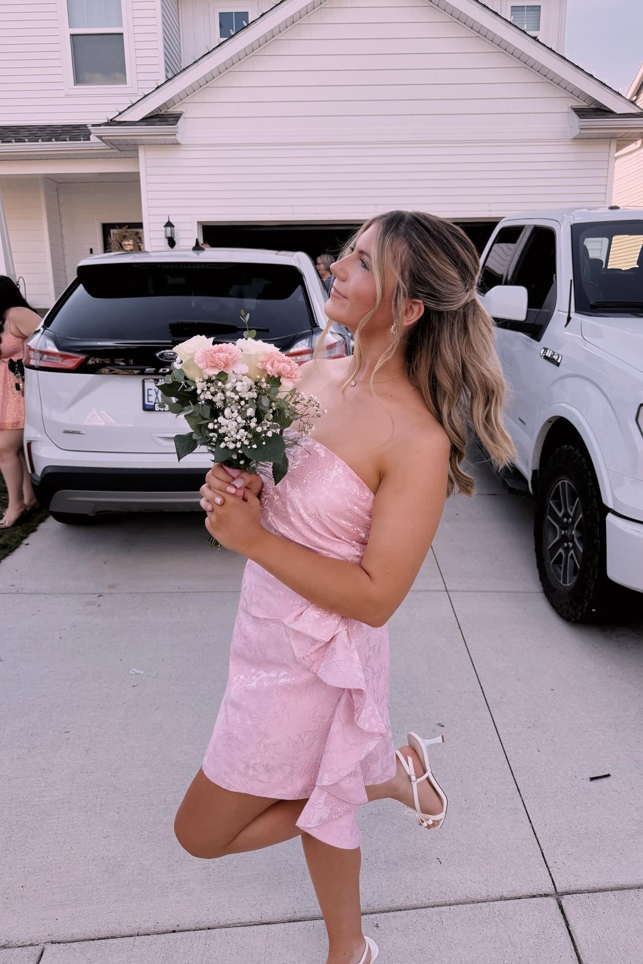 Strapless Floral Jacquard Mini Dress with Side Drape