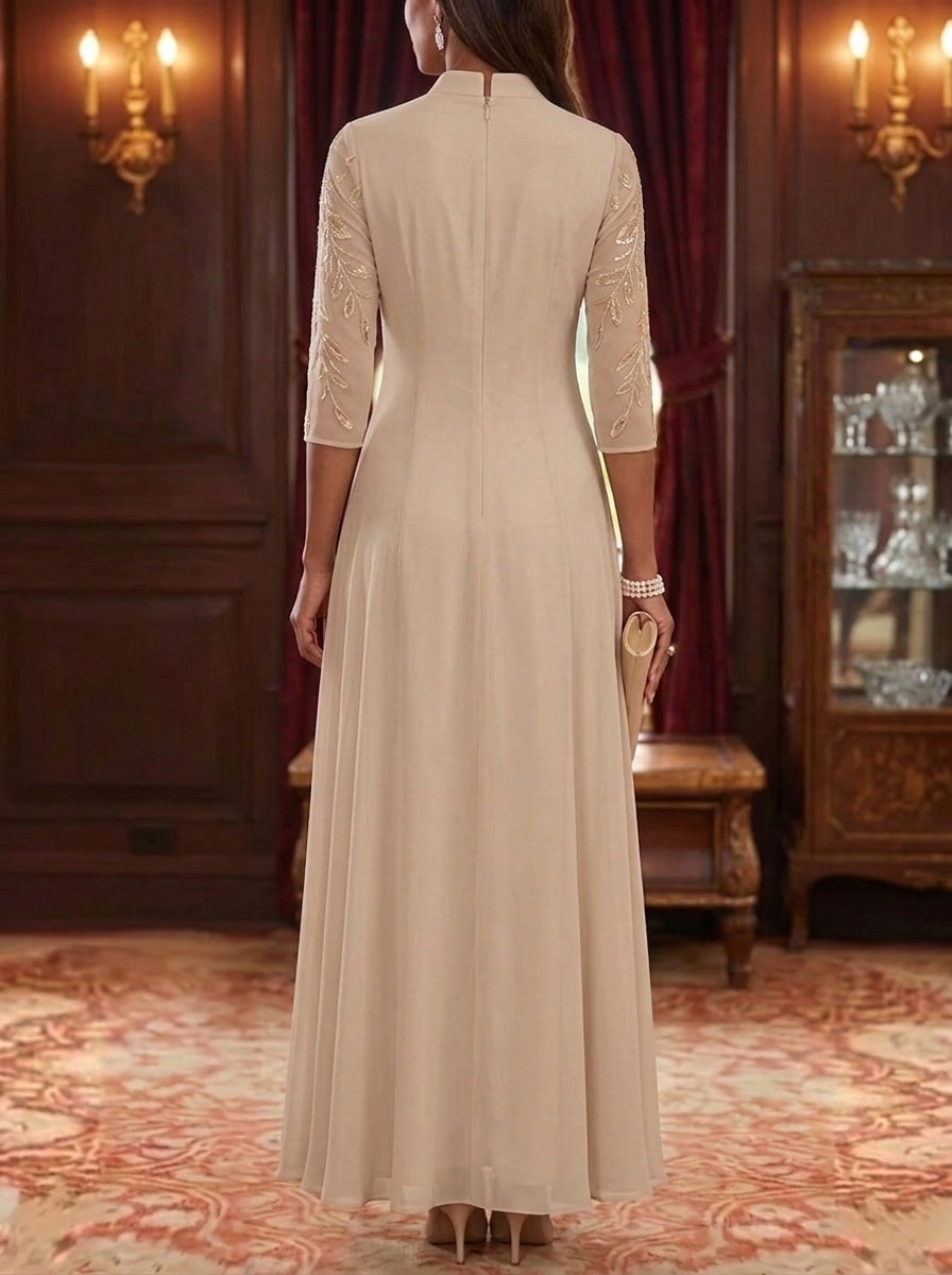 Embroidered Mandarin Collar A-Line Maxi Dress