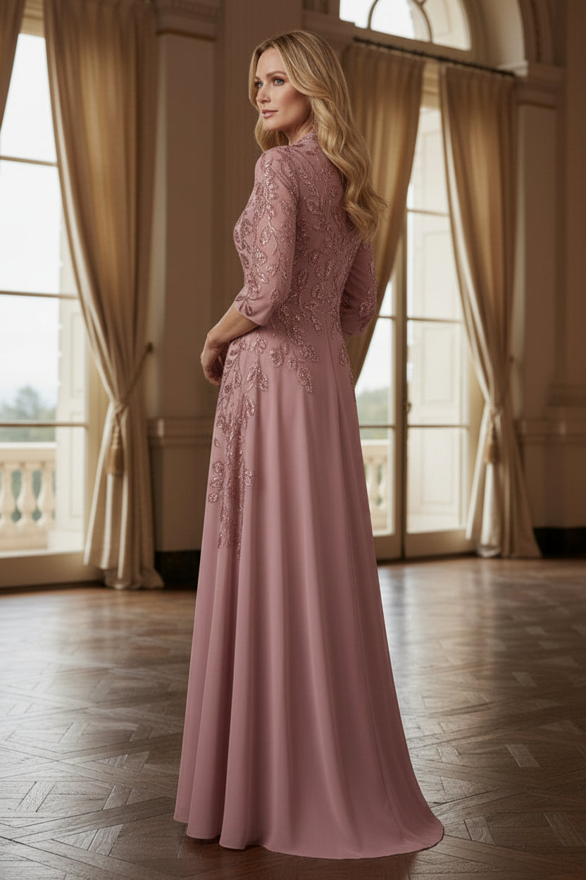 Embroidered 3/4 Sleeve A-Line Gown