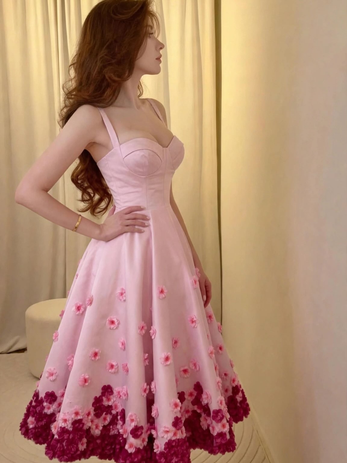 Bustier A-Line Midi Dress with 3D Floral Hem