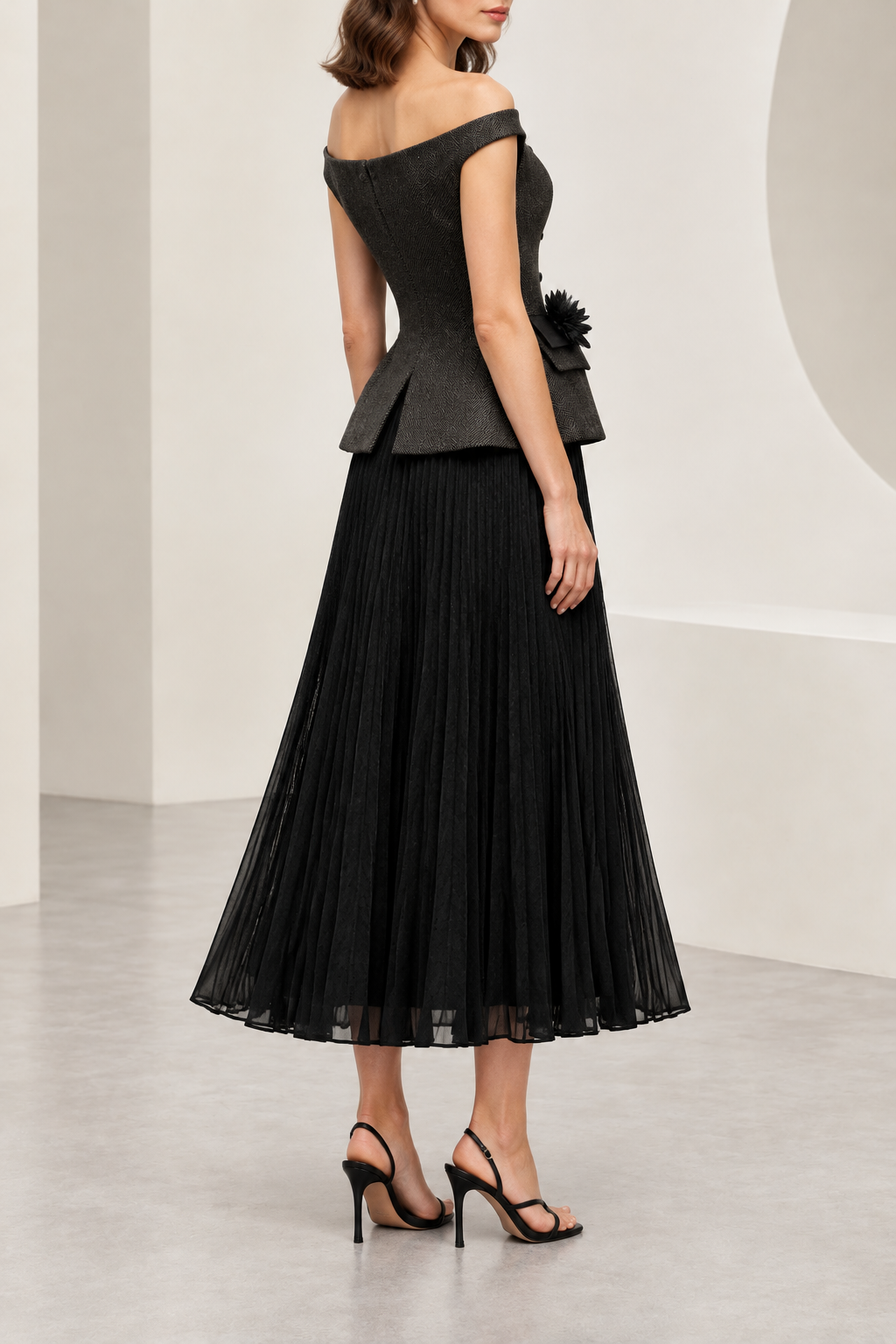 Off-Shoulder Peplum Bodice Pleated Midi Dress