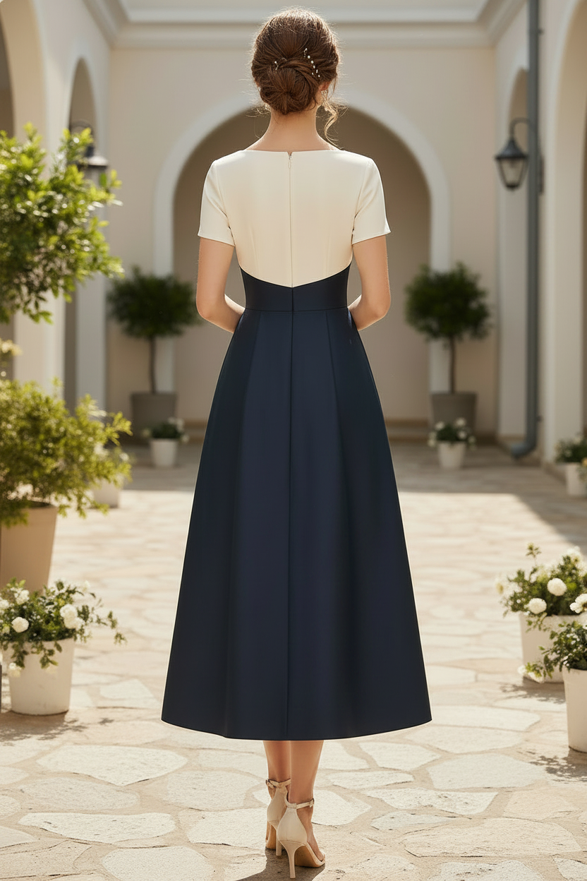 Two-Tone Navy & Ivory A-Line Tea-Length Mother of the Bride Dress with Floral Embroidery