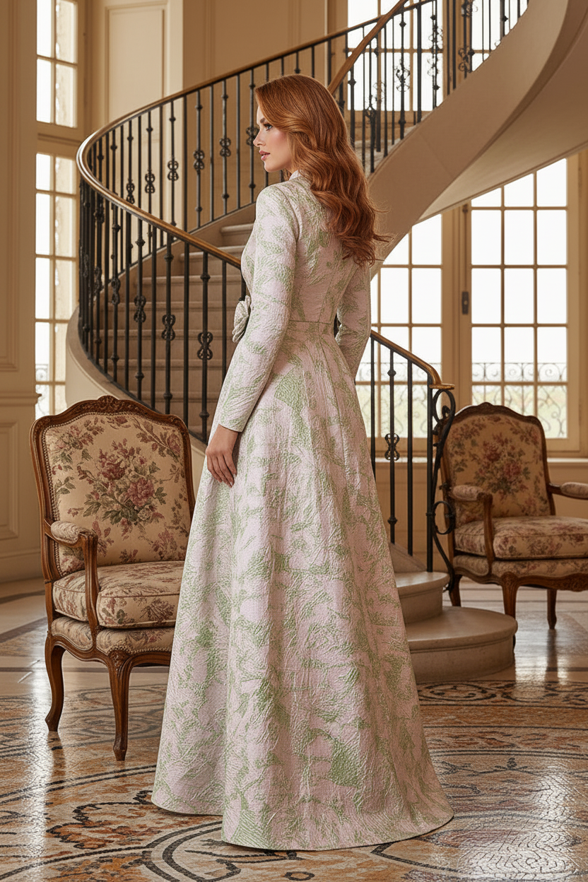 Jacquard High-Neck A-Line Gown with 3D Flower