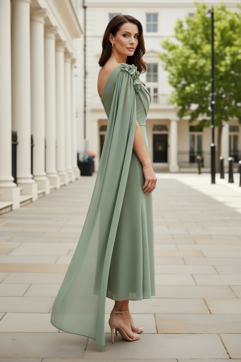 Off-the-Shoulder Column Dress with Flower & Long Sash