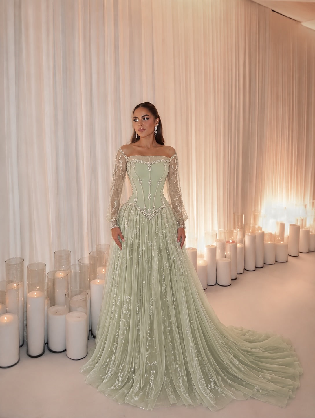 Corset Evening Gown with Beaded Sleeves and Train