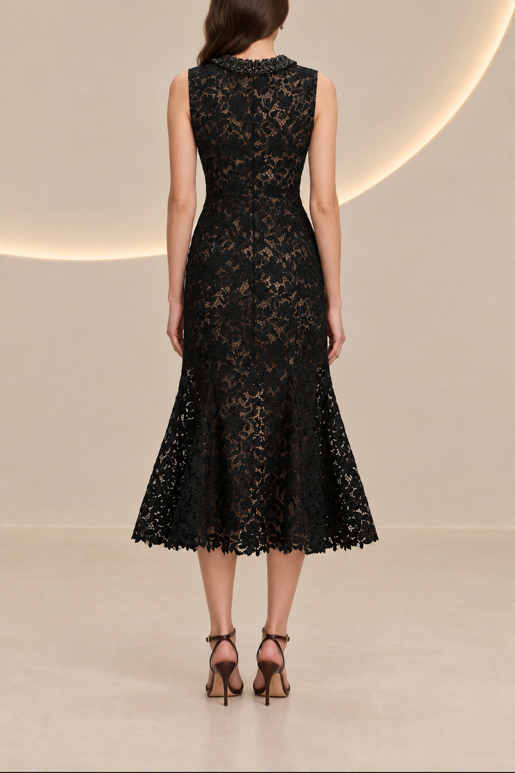 Beaded High Neck Lace Trumpet Midi Dress