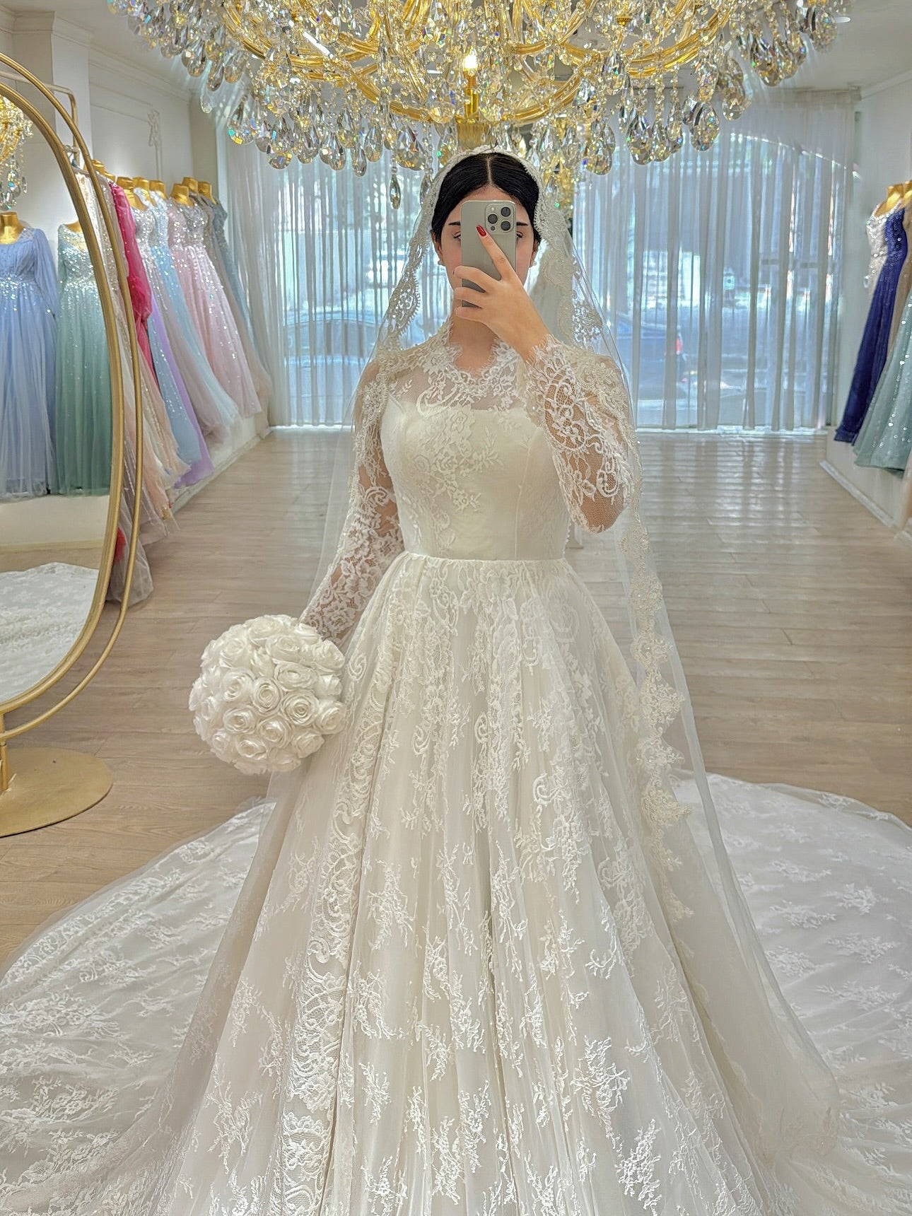 Long Sleeve Lace Illusion Ball Gown Wedding Dress