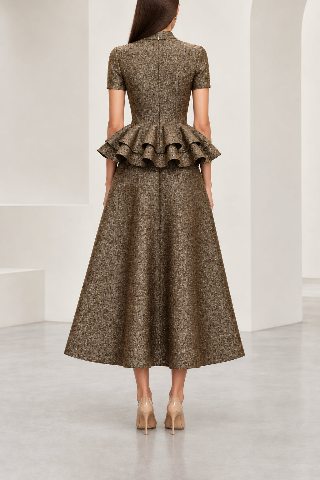 Tiered Peplum High Neck Midi Dress