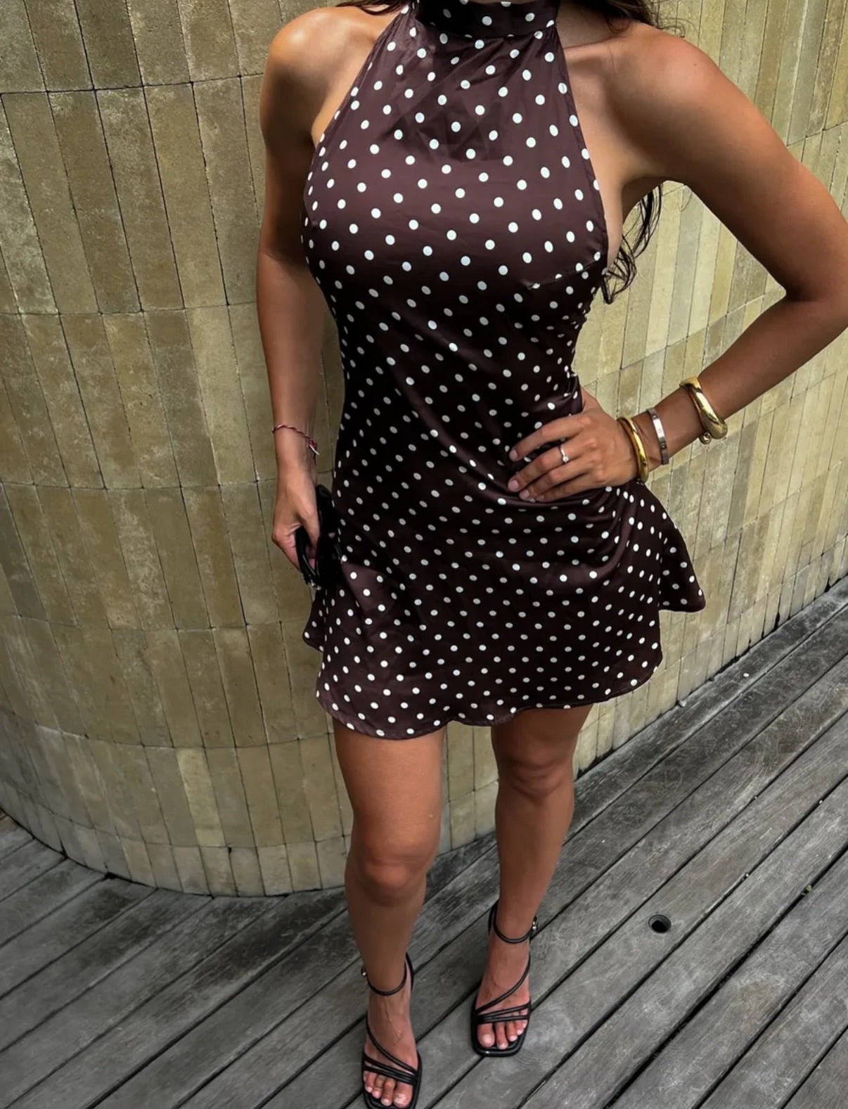 Satin Polka Dot Halter Neck Mini Dress