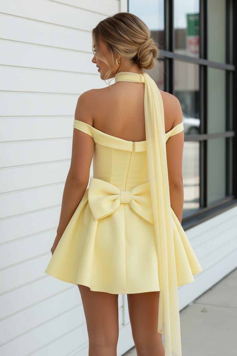 Off-The-Shoulder Sweetheart Mini Dress with Scarf
