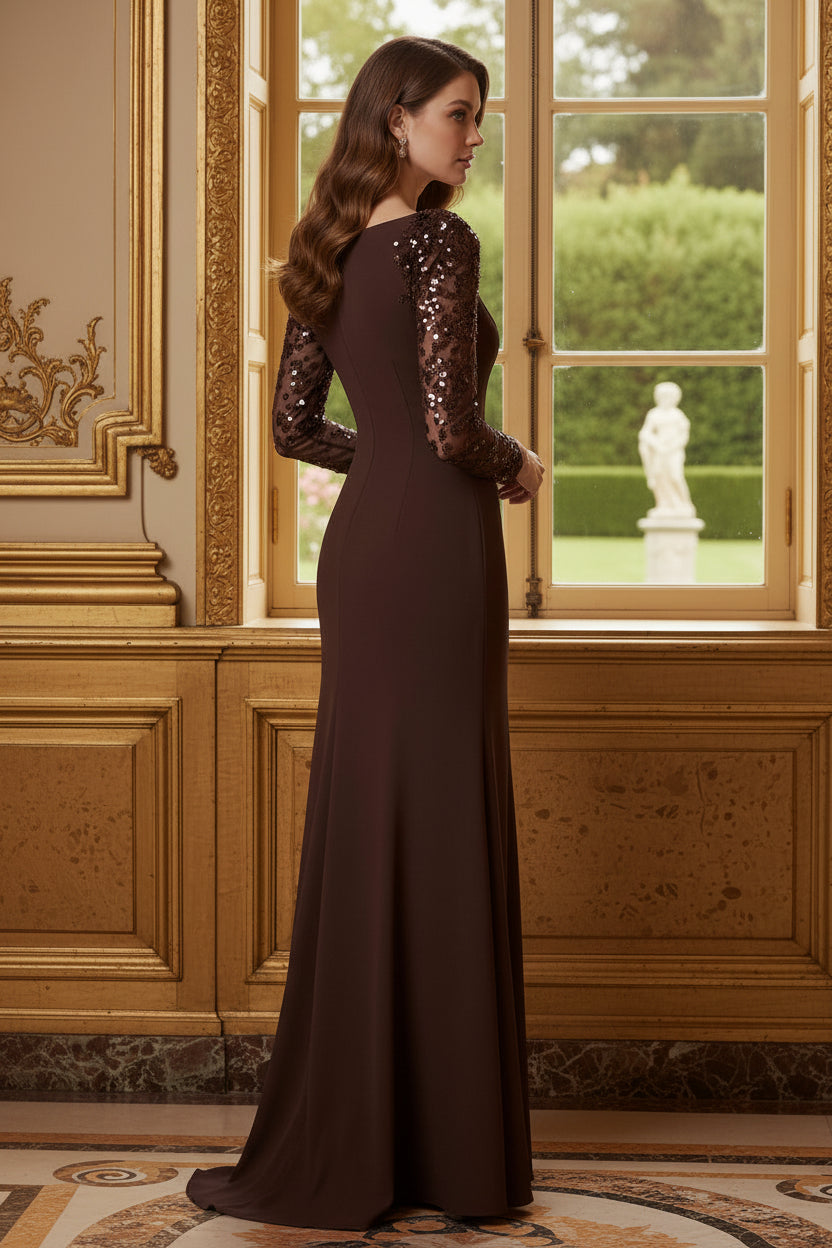 Bateau Neck Sequin Sleeve Floor-Length Evening Gown