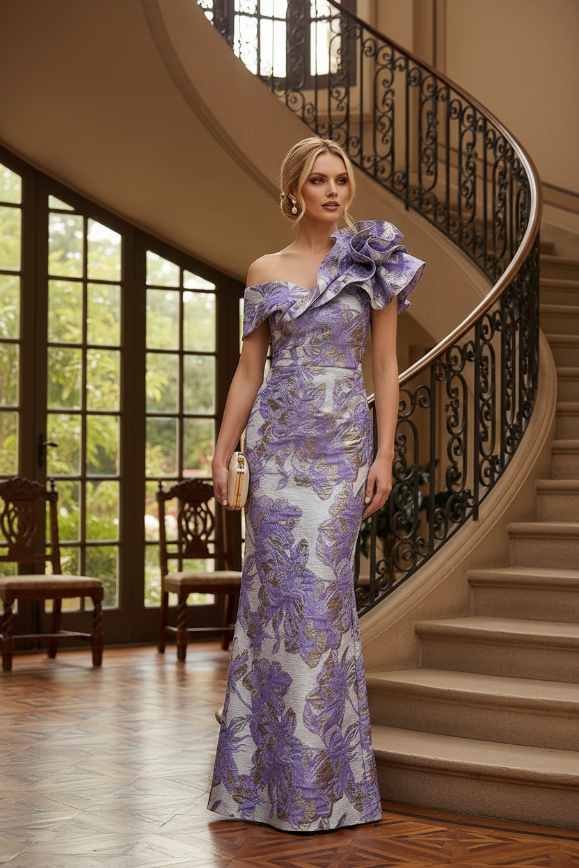 Asymmetrical Ruffle One Shoulder Jacquard Evening Gown