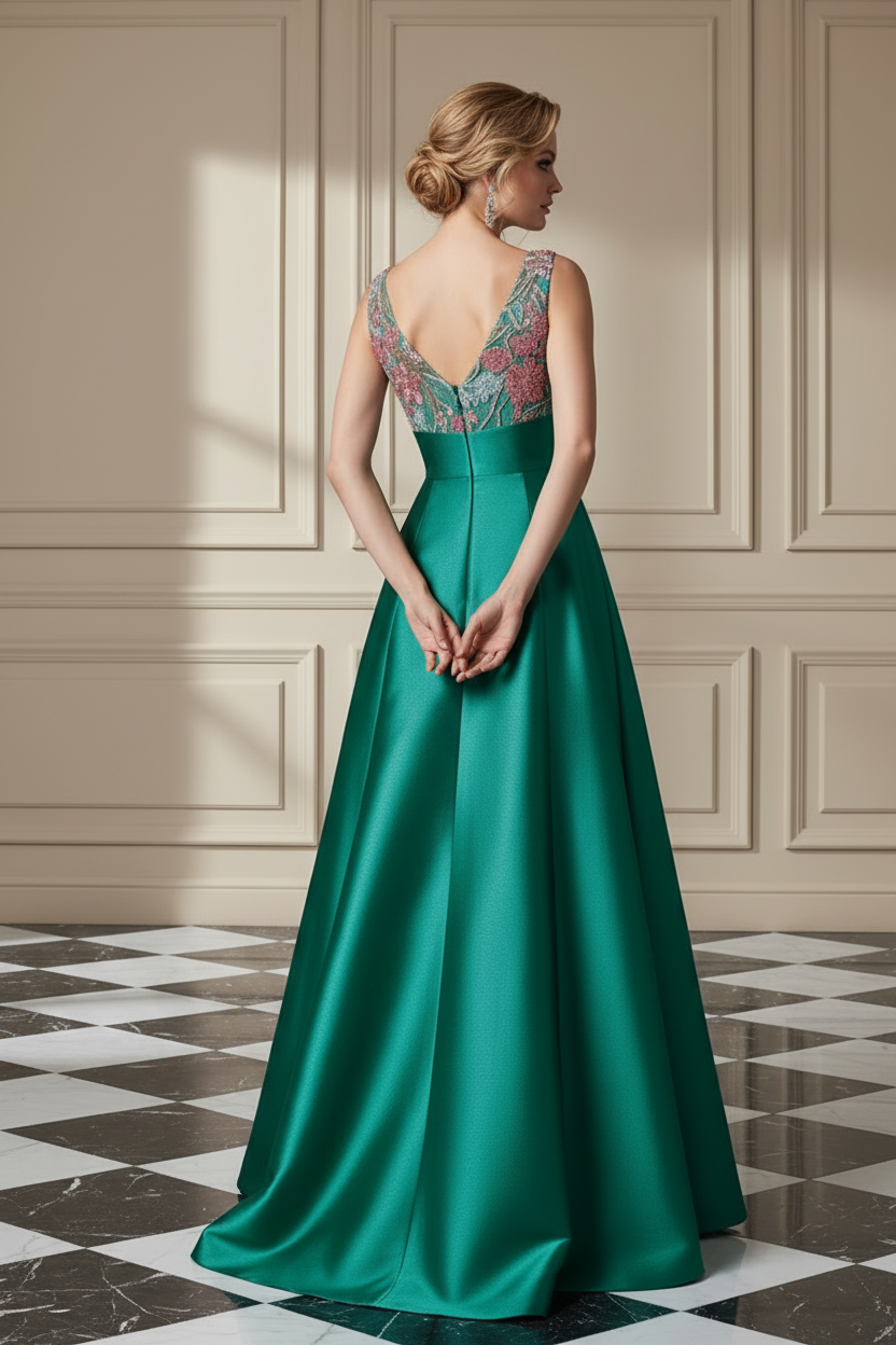 Embroidered Illusion V-Neck Satin A-Line Dress