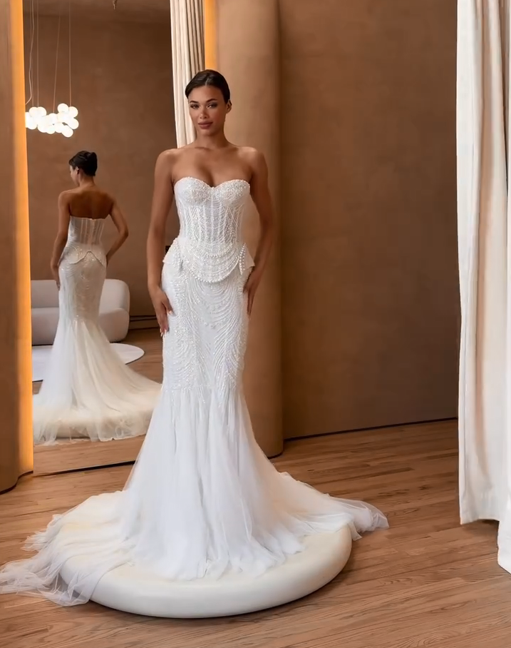 Beaded Strapless Mermaid Wedding Dress with Train