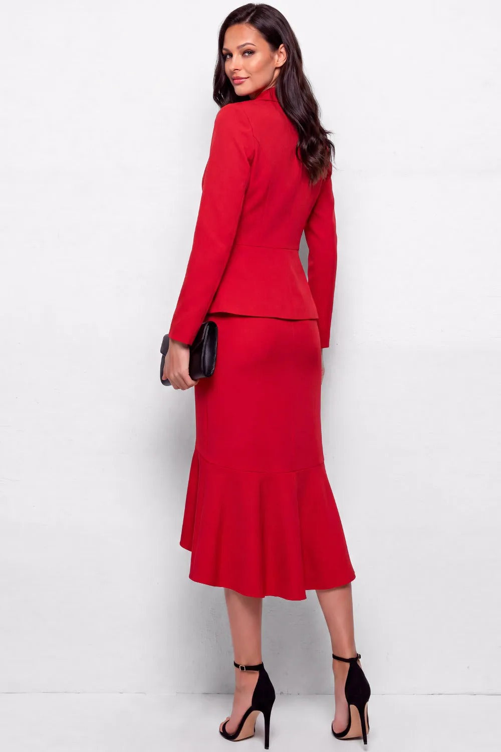 Peplum Blazer and Ruffled High-Low Midi Skirt Set