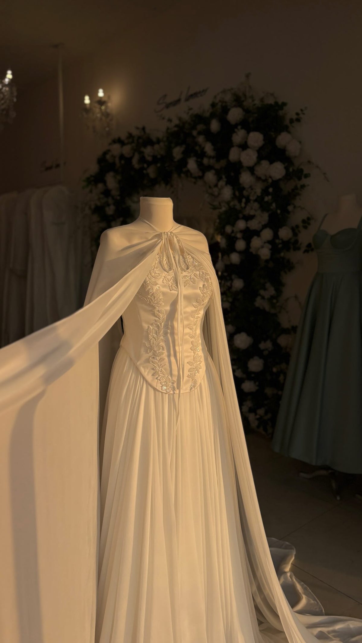 Embroidered Corset Bridal Gown with Sheer Cape
