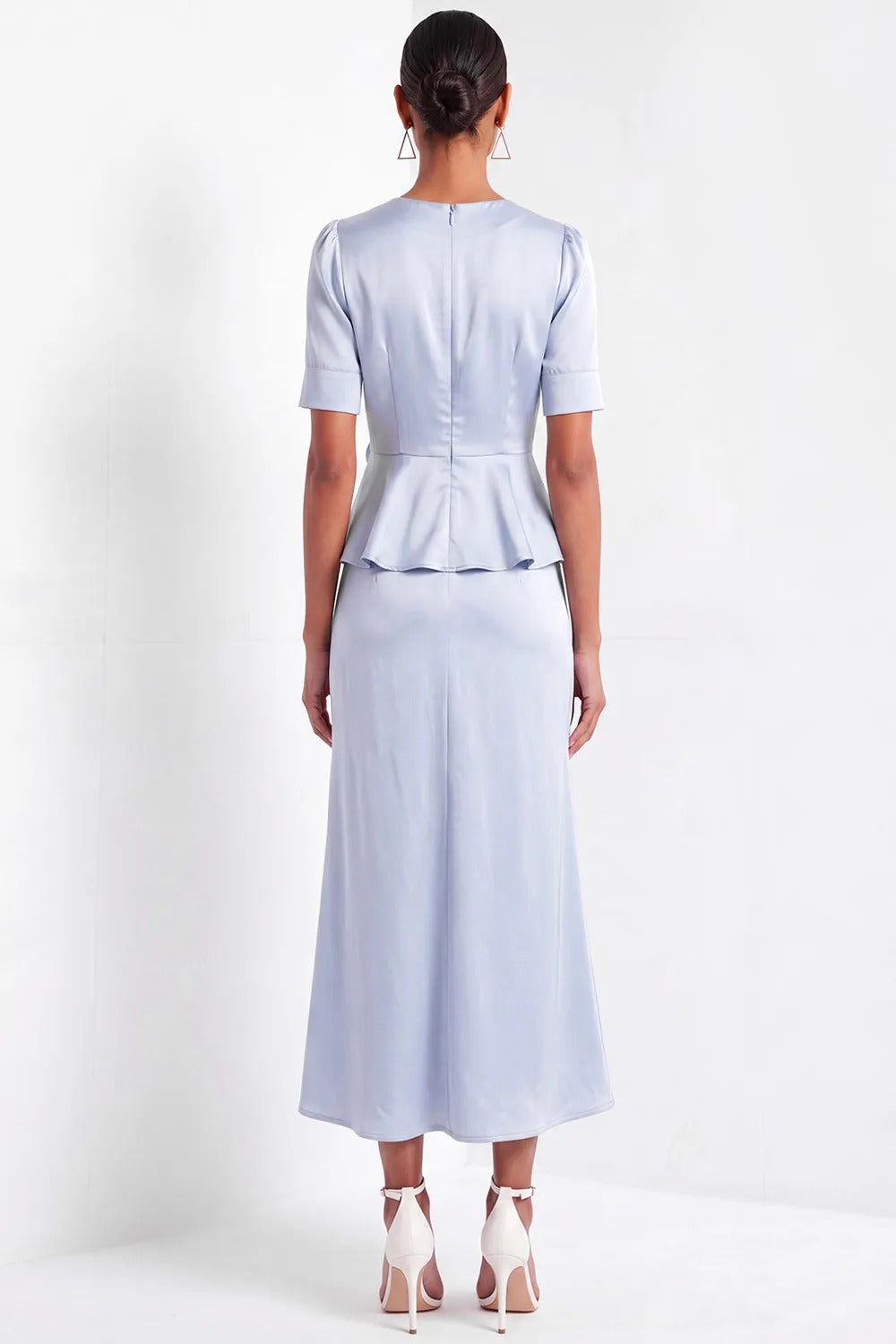 Satin Peplum Midi Dress with Rosette Accent