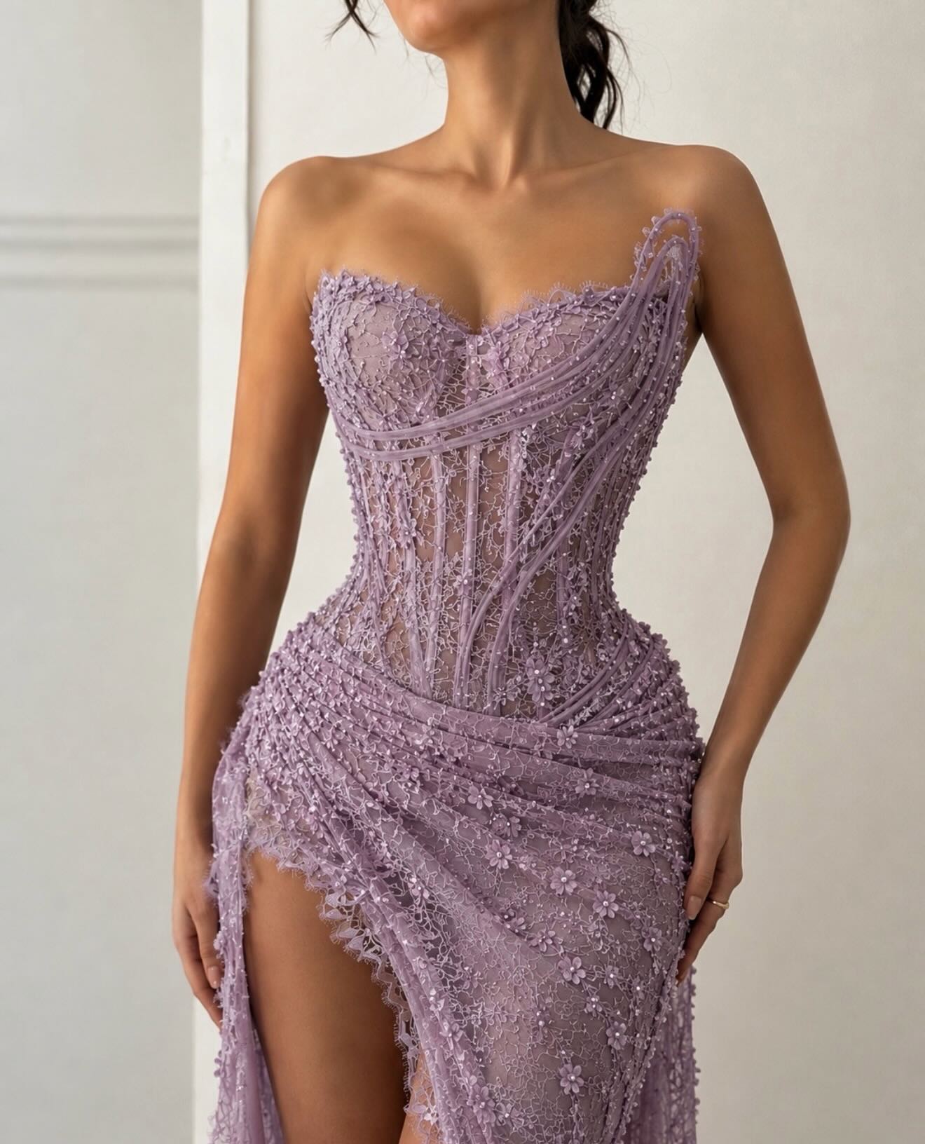 Strapless Lace Corset Gown with High Slit