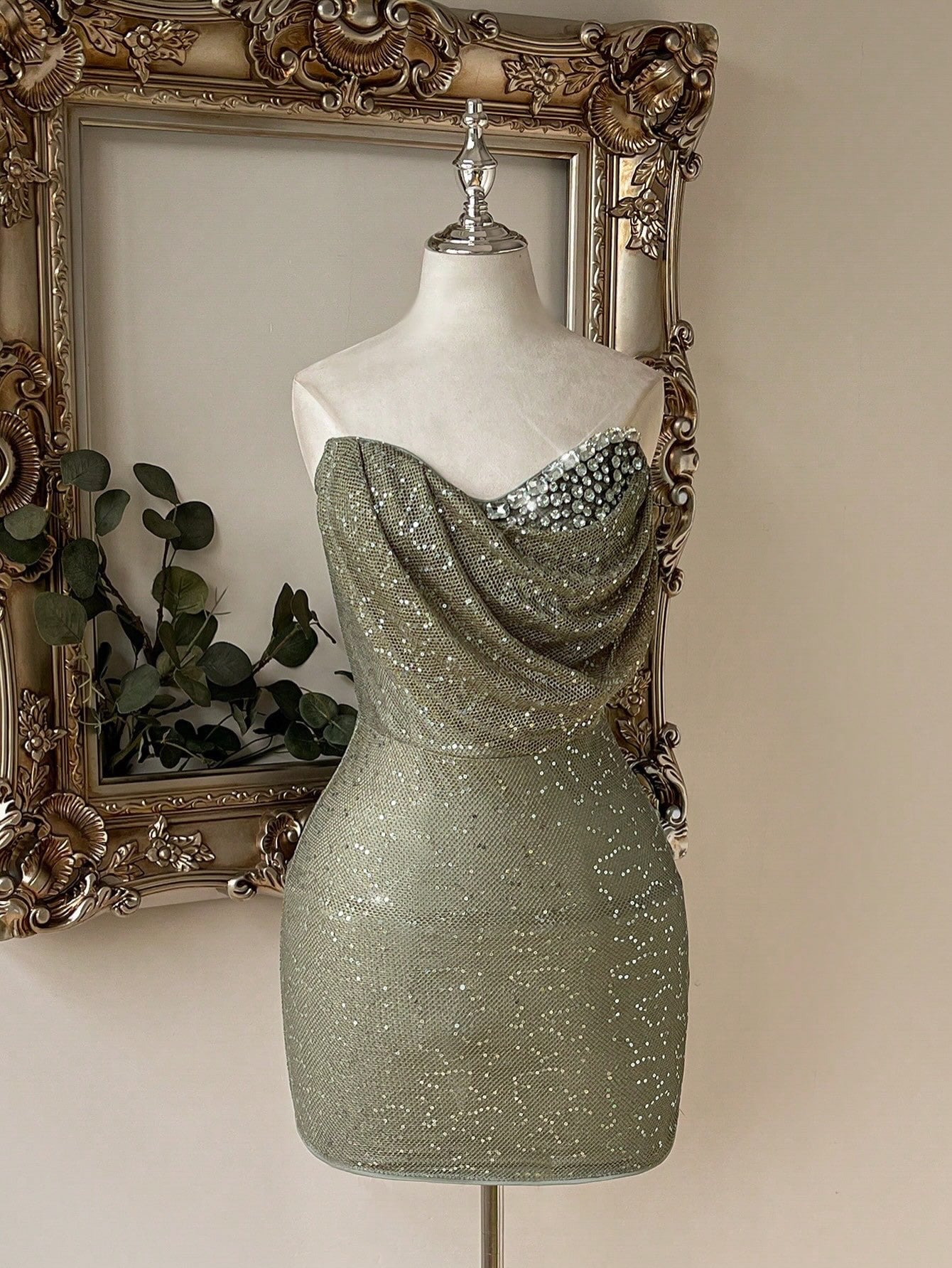Strapless Cowl Neck Rhinestone Detail Mini Dress