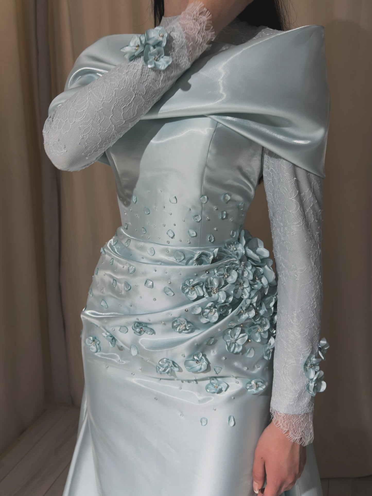 High-Neck Satin Gown with 3D Flowers and Shawl